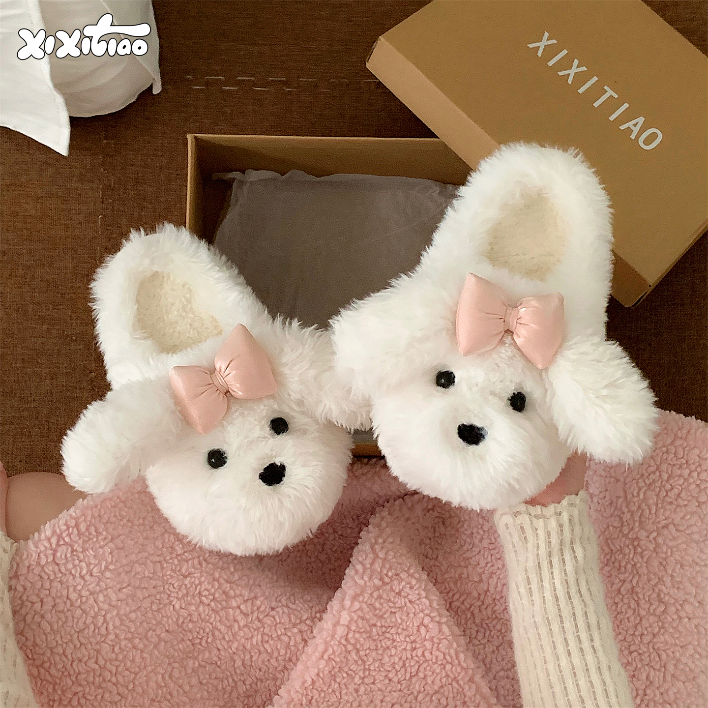 细细条棉拖鞋保暖甜美蝴蝶结小狗