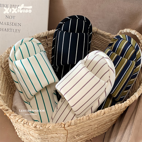 简约条纹舒适四季通用棉麻拖鞋