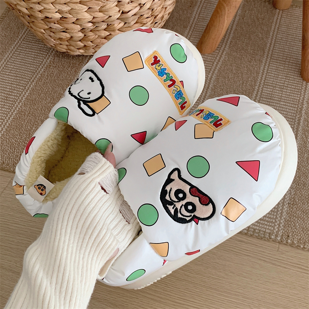 细细条情侣冬季防滑保暖毛绒月子鞋正版可爱蜡笔小新男女棉拖鞋