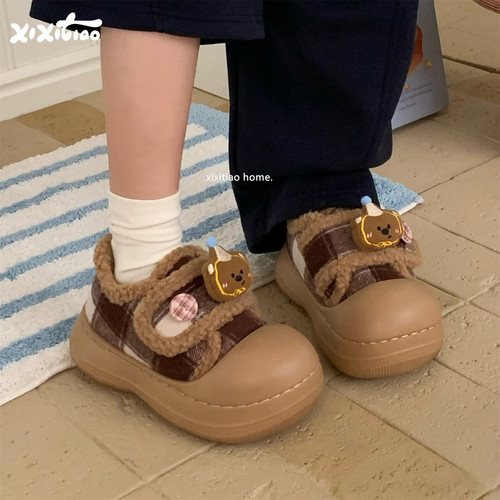 细细条软萌小熊魔术贴毛毛单鞋