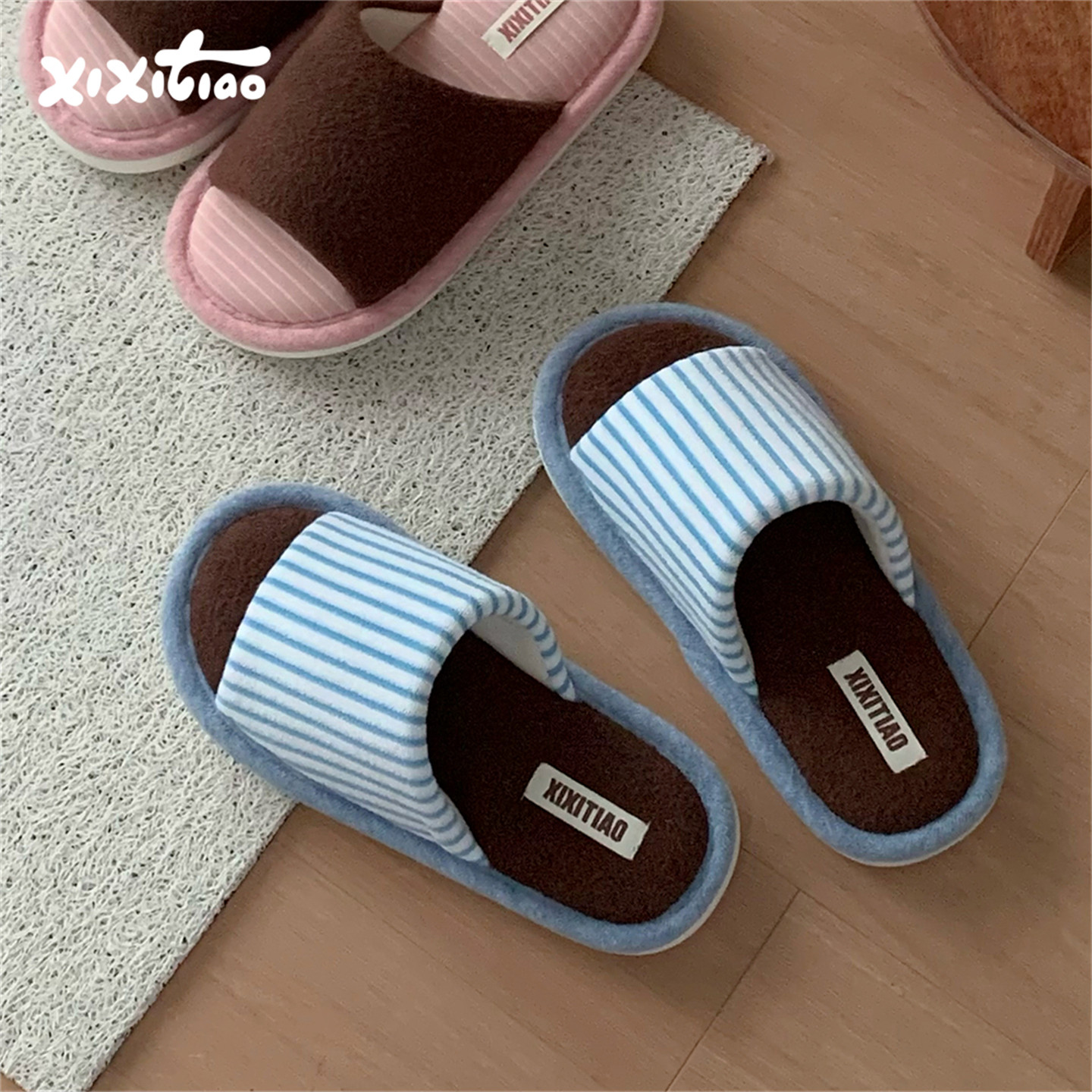 细细条 男女日式秋冬复古撞色条纹地板鞋情侣居家防滑一字棉拖鞋,居家布艺,居家棉拖/棉鞋,淘宝优惠券,粉丝福利购,淘宝优惠卷