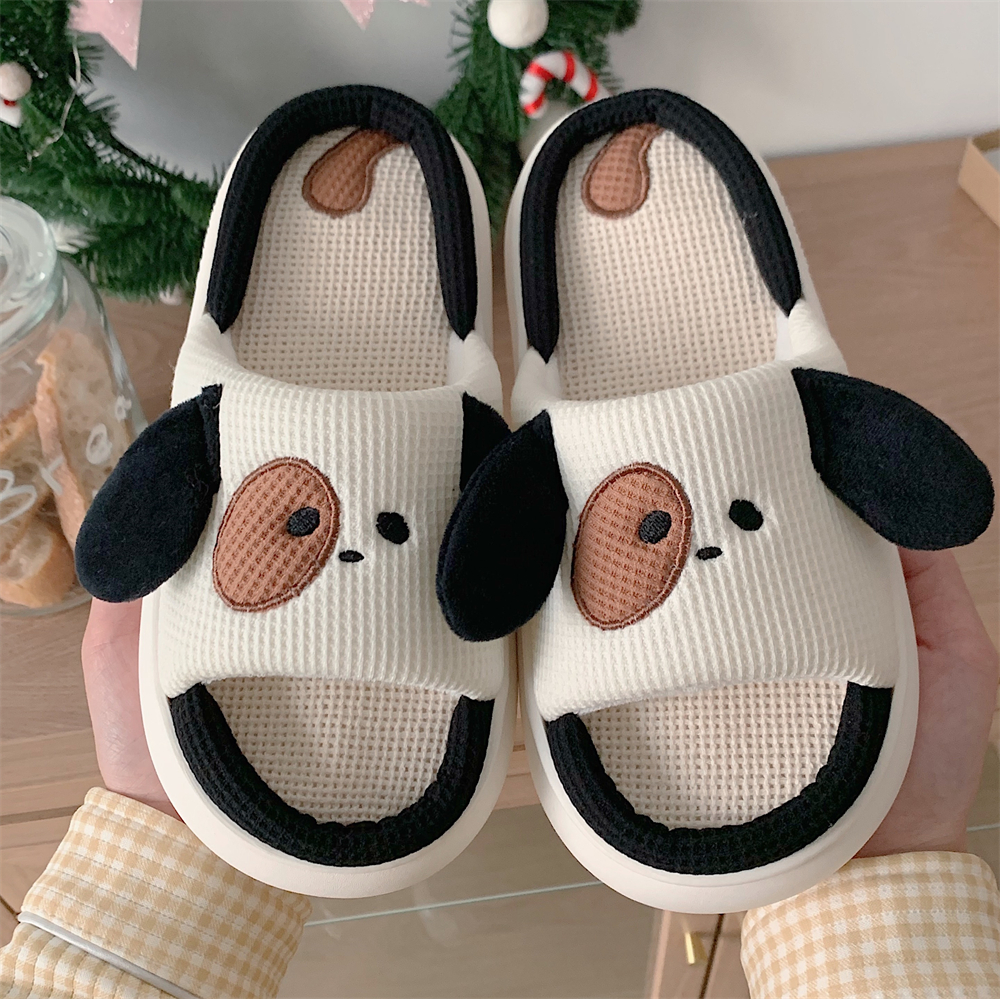 细细条女夏卡通小狗居家防滑亚麻拖鞋情侣厚底棉麻凉拖四季通用