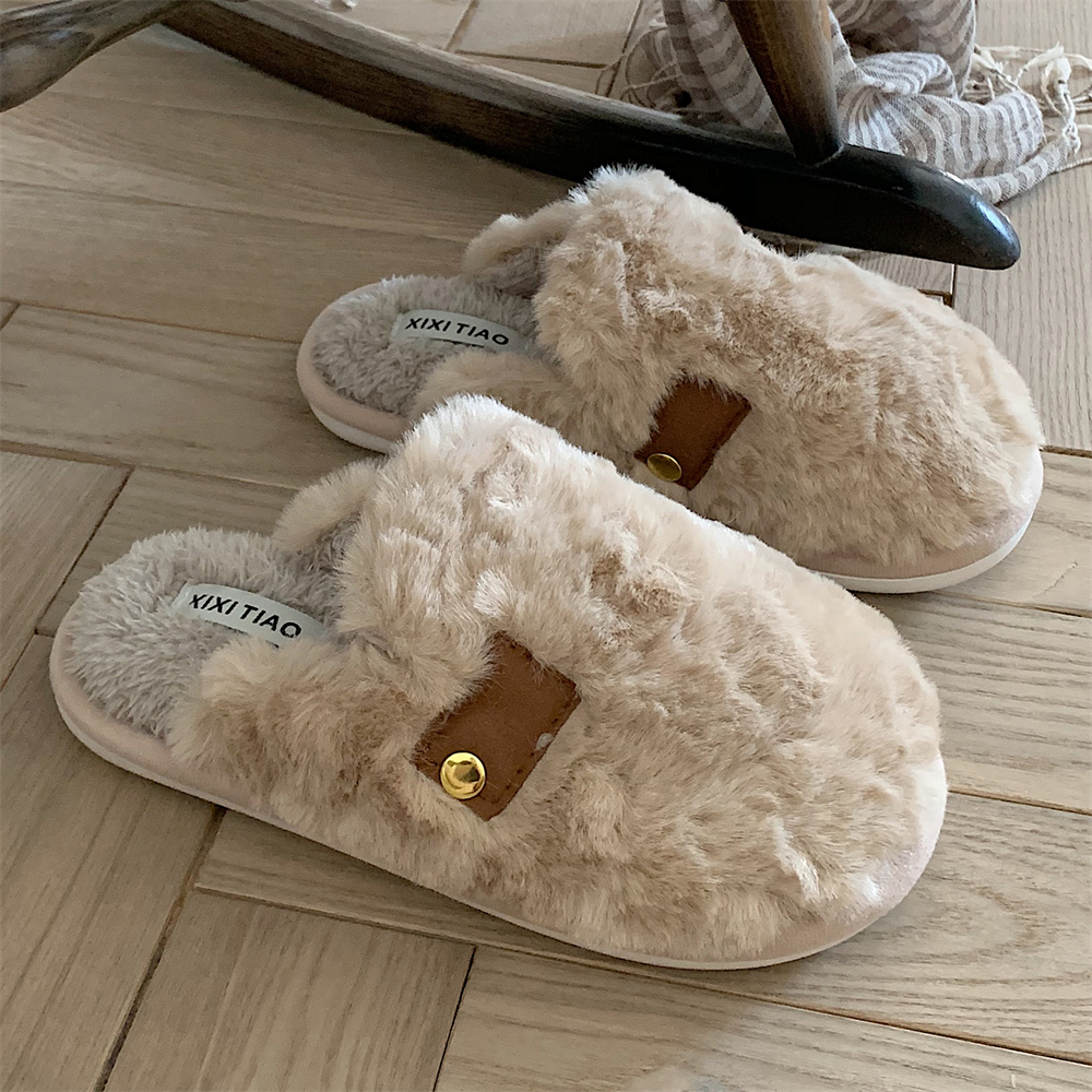 细细条女秋冬情侣简约包头棉拖鞋