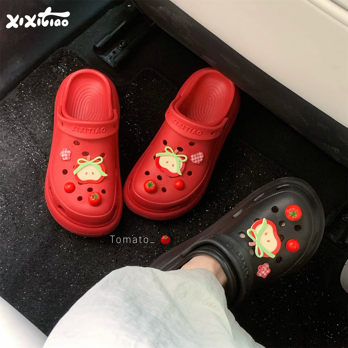 细细条 时尚夏外穿洞洞鞋百搭个性趣味苹果番茄防滑足弓凉拖鞋女