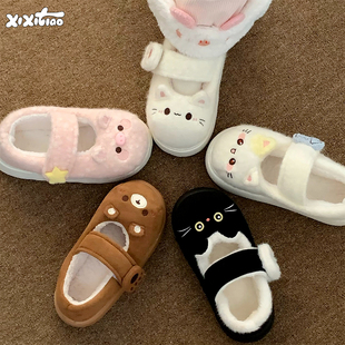 ins外穿女冬卡通软萌lolita鞋 细细条防滑魔术贴玛丽珍棉鞋 豆豆鞋