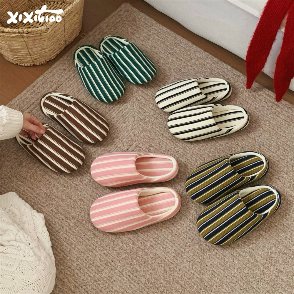 情侣新款复古撞色条纹棉麻拖鞋