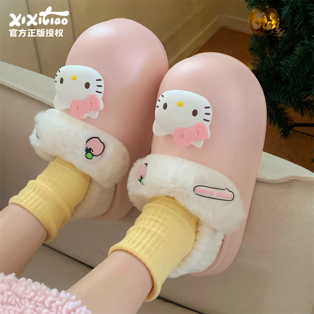 细细条 防水壳子可爱时尚外穿棉拖鞋冬正版HelloKitty厚底月子鞋