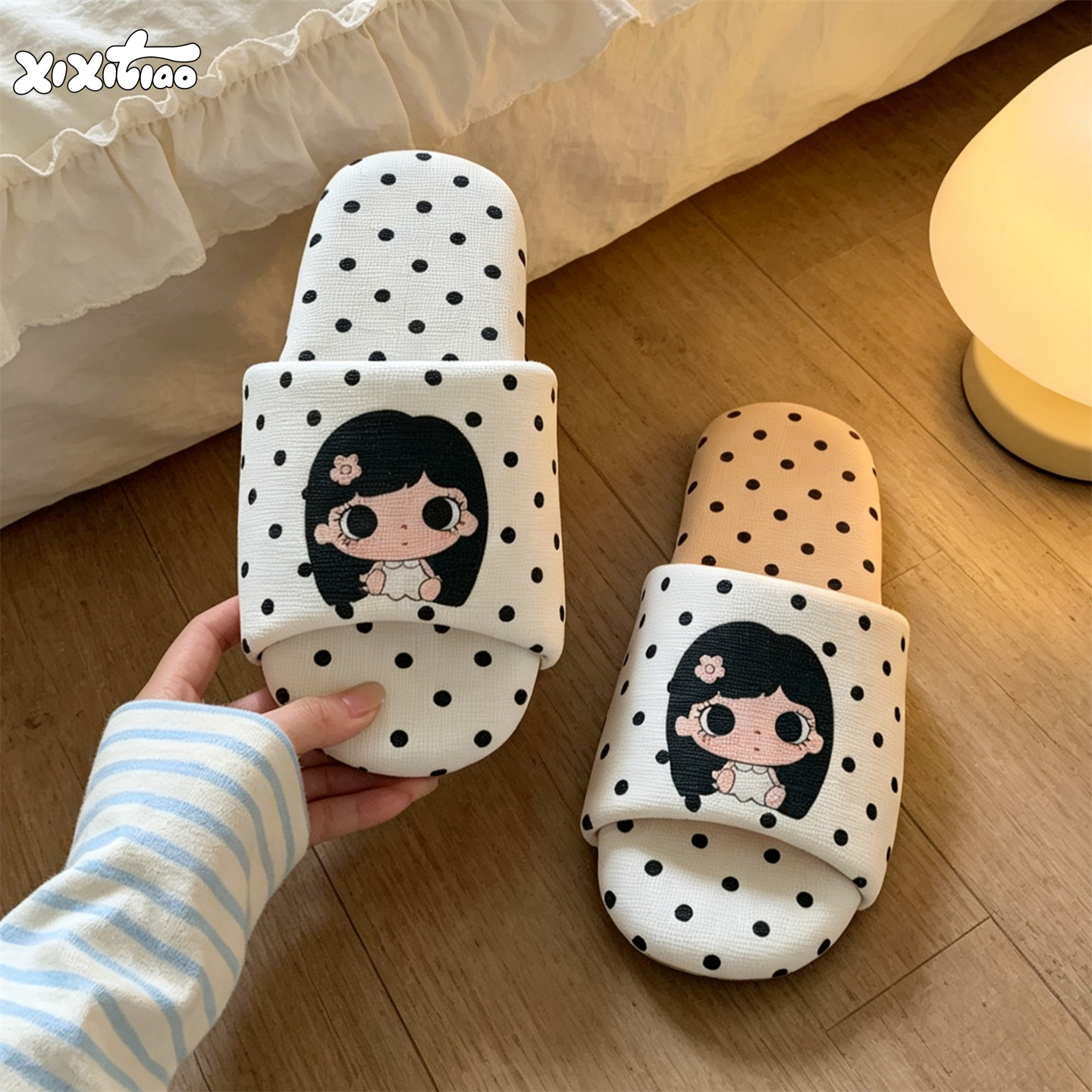 细细条 日系卡通女孩波点地板鞋女四季防滑透气居家一字棉布拖鞋