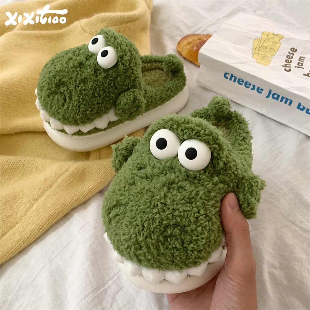 细细条 卡通男童女童毛毛鞋亲子冬季休闲居家搞怪鳄鱼儿童棉拖鞋