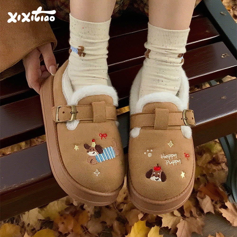 可爱刺绣小狗勃肯鞋女时尚保暖