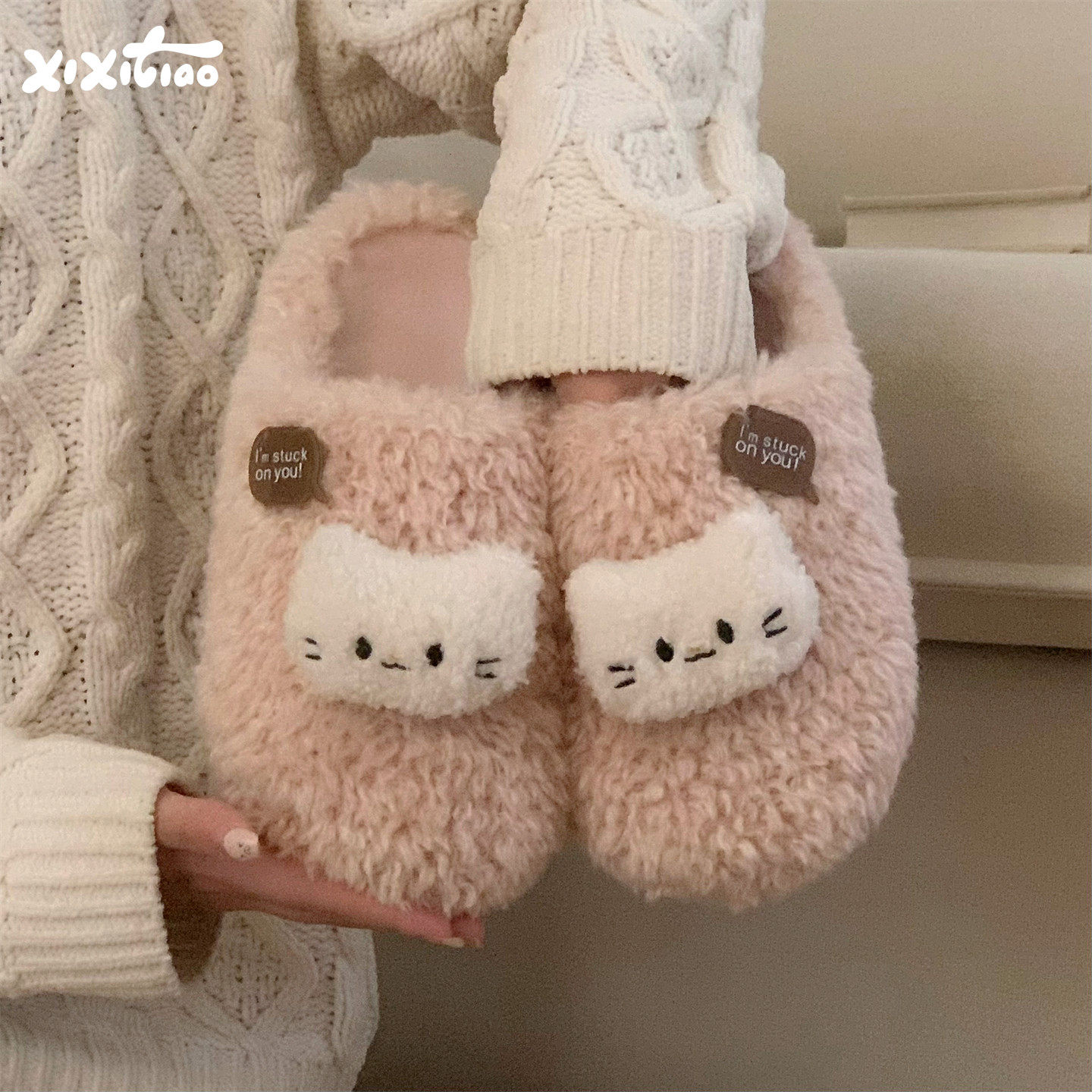 细细条 冬季保暖居家毛毛鞋卡通小猫少女心学生防滑月子棉拖鞋女,居家布艺,居家棉拖/棉鞋,淘宝优惠券,粉丝福利购,淘宝优惠卷