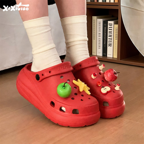 细细条可爱红苹果沙滩凉鞋