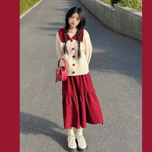 秋冬过年套装裙一整套甜美温柔娃娃领毛衣女穿搭半身裙子两件套装