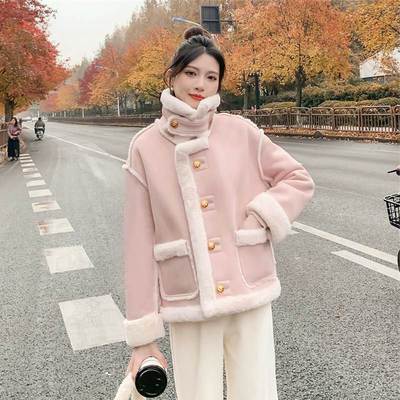 粉色羊羔毛绒外套女短款冬季皮毛一体2025新款小个子韩系加厚棉衣