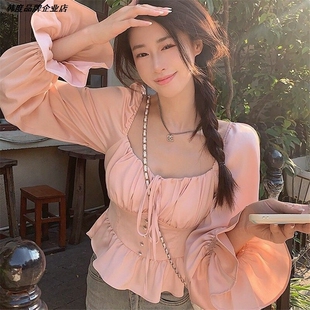 春秋季喇叭袖方领系带法式荷叶边女新款收腰显瘦雪纺衫小清新上衣
