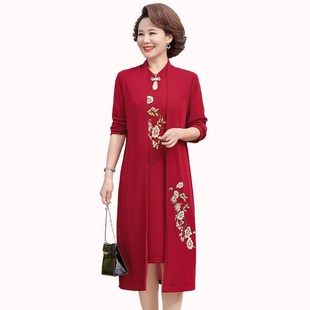 妈妈秋装喜婆婆婚宴旗袍连衣裙中老年女春秋装结婚礼服两件套裙子
