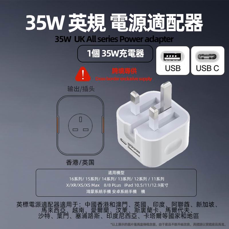 UK35W英规快充适用苹果iphone16可折叠15pro充电器35W充电器PD快充香港英规品牌兼容14typec快闪充编织数据线