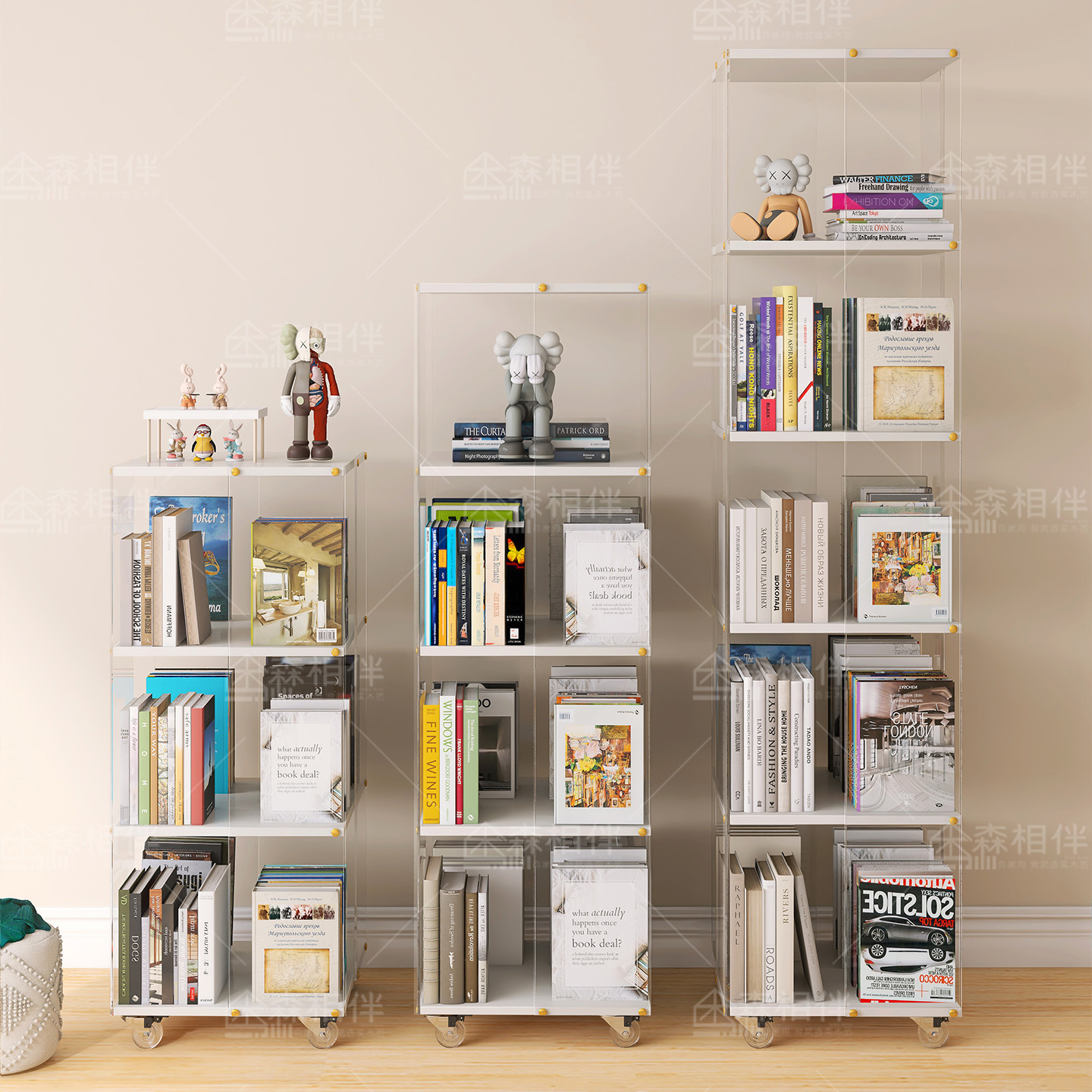 亚克力创意旋转书架家用书房展示柜实木落地置物架转角书柜可移动