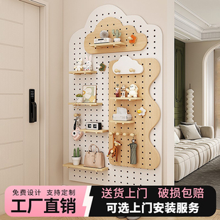 玄关洞洞板置物架定制云朵墙上实木装 饰木质收纳架隔板造型展示架