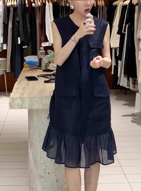 2026新款时尚绝藏青色网纱拼接连衣裙气质圆领宽松裙子女