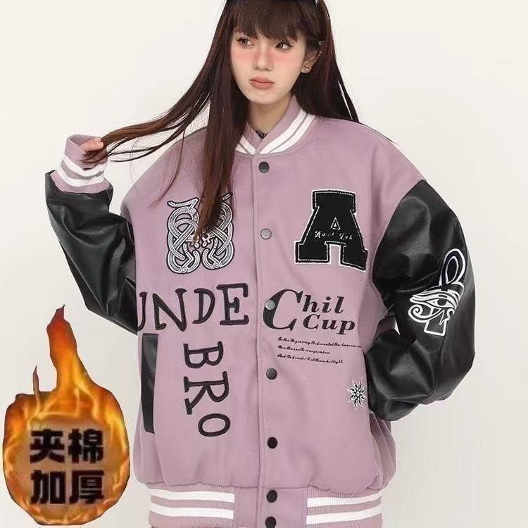 美式字母刺绣拼色棒球服外套男女情侣个性设计感学生宽松新款夹克