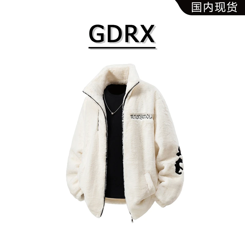 GDRX美式刺绣毛绒立领男款棉衣2025秋冬季新款加厚保暖棉服外套