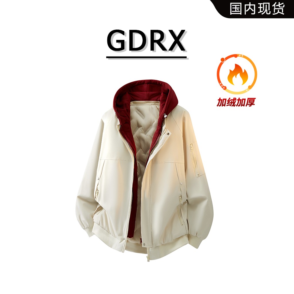 GDRX美式连帽假两件棉衣男生2025冬季潮流韩版保暖宽松时尚外套