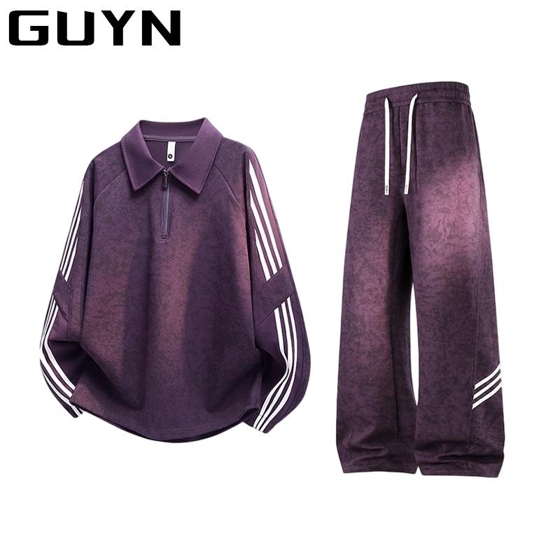 GUYN三条杠时尚百搭大码休闲套装男春秋韩版宽松显瘦翻领卫衣卫裤
