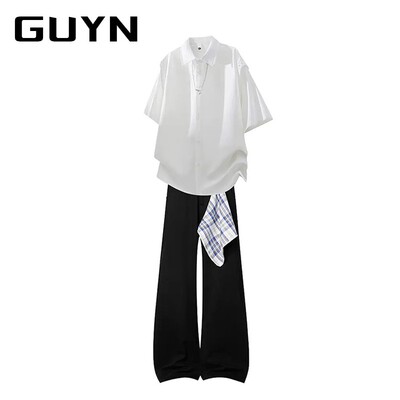 GUYN美式拼接短袖T恤男春夏季潮流时尚痞帅设计感男装一整套穿搭