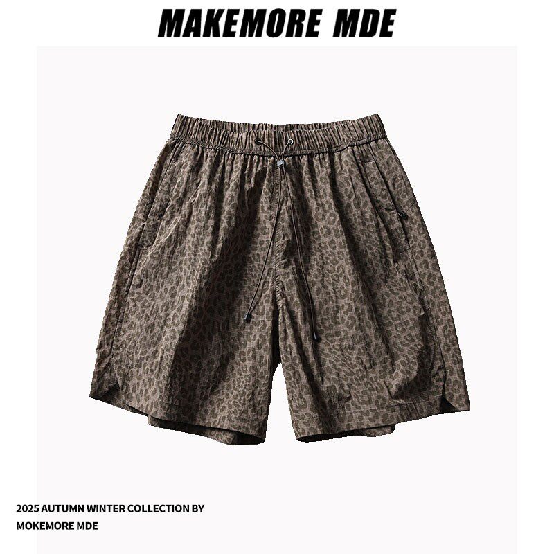 Makemore美式豹纹短裤男士夏季复古休闲宽松迷彩工装情侣五分韩版
