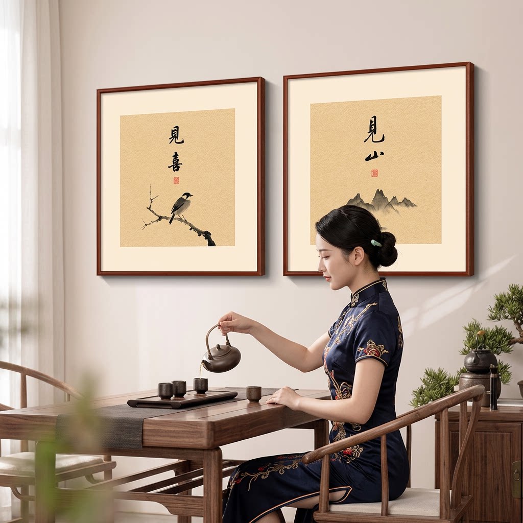 新中式喜上枝头挂画客厅中国风实木框装饰画客厅茶室壁画喜鹊挂画