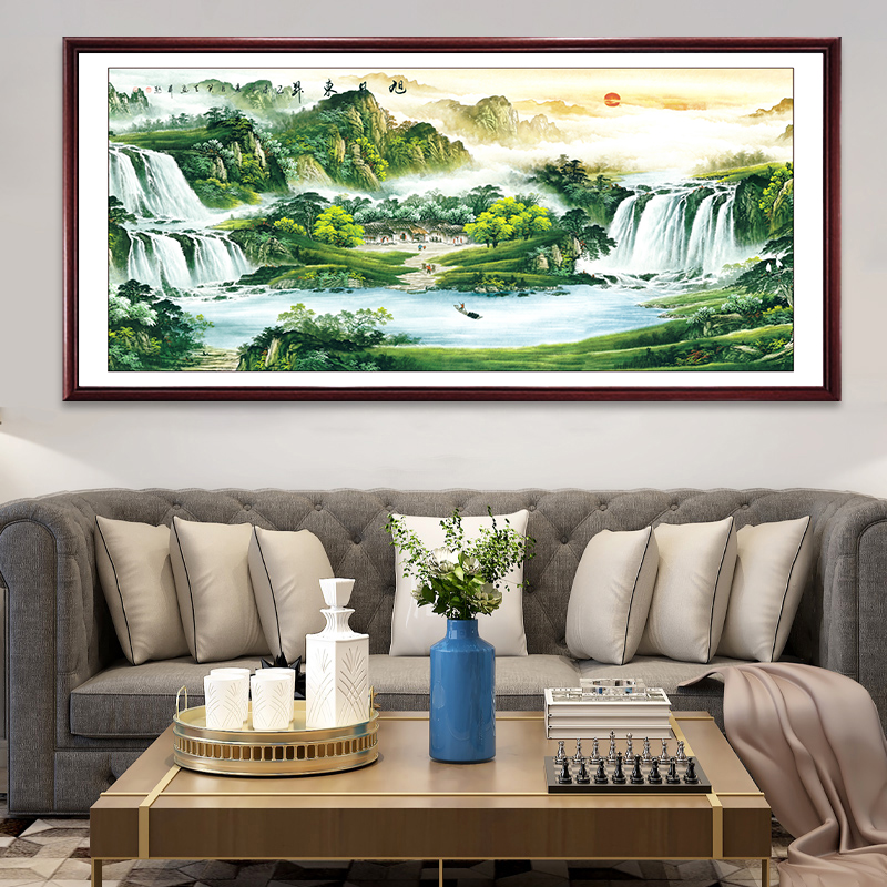旭日东升国画聚宝盆山水画沙发背景墙靠山图装饰画客厅挂画带框