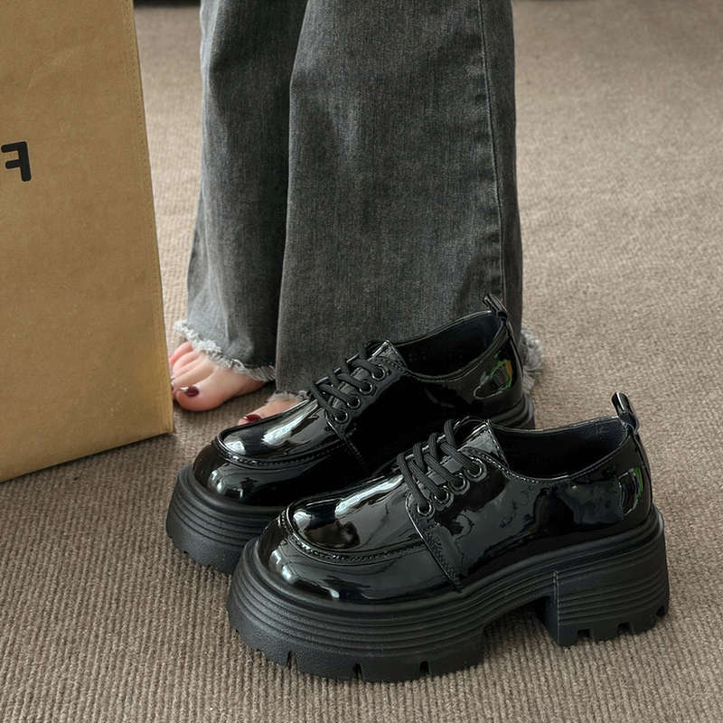 复古厚底中跟鞋带小皮鞋女2025春秋新款英伦风百搭配裙子玛丽珍鞋