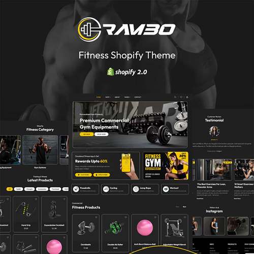 纯黑运动器材健身设备营养哑铃等Rambo Shopify独立建站主题模版