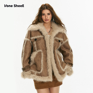 复古高级感菱格机车外套女皮毛一体2025秋冬新款 美式 SheeE Vone