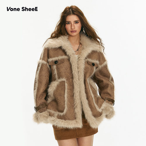 Vone SheeE 美式复古高级感菱格机车外套女皮毛一体2025秋冬新款