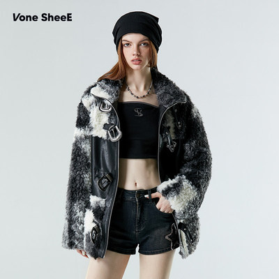 Vone SheeE 黑白扎染保暖拼皮棉衣棉服外套女2026新款冬季