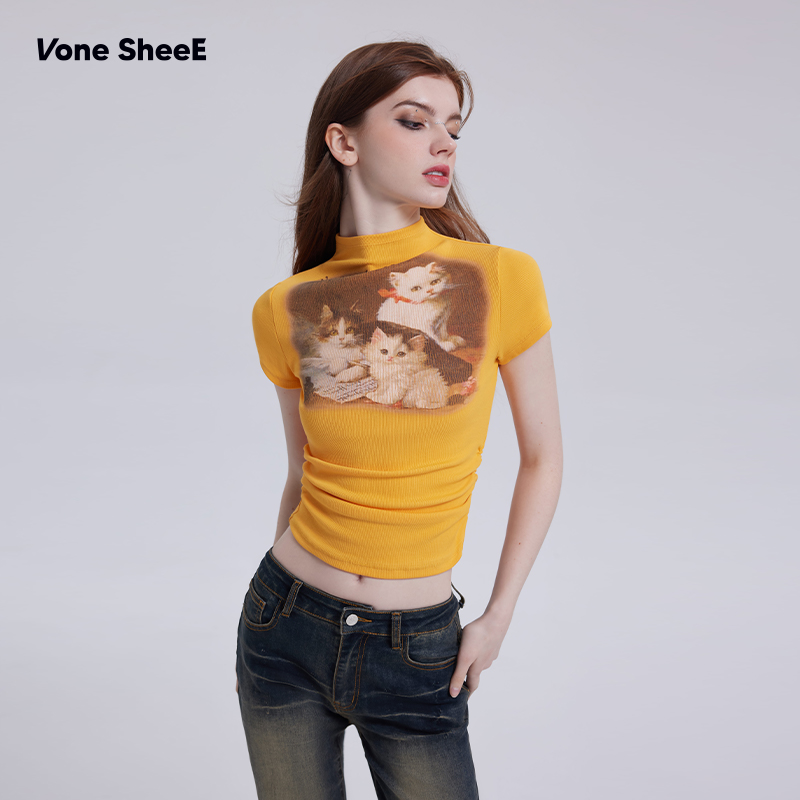 Vone SheeE美式复古猫咪印花半高领短袖t恤修身短款女辣妹上衣