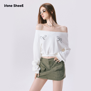 Vone SheeE 2026新款秋季一字肩蝴蝶结长袖卫衣短款露肩辣妹上衣