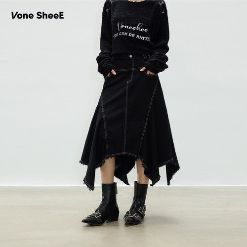 Vone SheeE复古洗水半身裙女不规则设计2025春季宽松百搭时尚裙子