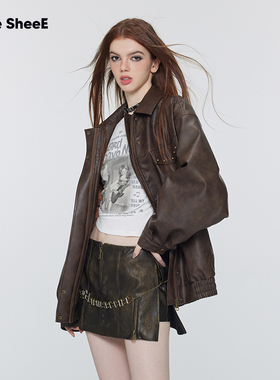 2026春秋新款女装美拉德柳钉短外套上衣美式复古皮衣工装短皮夹克