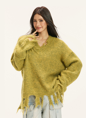 Vone SheeE 美式复古慵懒风破洞流苏V领毛衣女秋冬季宽松辣妹上衣