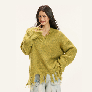 复古慵懒风破洞流苏V领毛衣女秋冬季 美式 宽松辣妹上衣 SheeE Vone