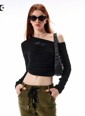 Vone SheeE 早秋辣妹短款露肩侧腰抽绳上衣修身显瘦斜肩针织衫女