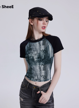 VoneSheeE设计感黑色辣妹短袖上衣插肩网纱修身显瘦短款t恤女新款