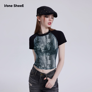 t恤女新款 显瘦短款 上衣插肩网纱修身 VoneSheeE设计感黑色辣妹短袖
