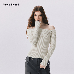 针织衫 Vone 新款 复古一字肩毛衣女2025秋季 显瘦辣妹上衣 SheeE美式