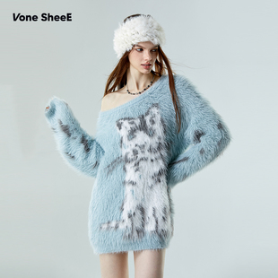 毛衣套头毛绒上衣早秋 仿貂毛猫咪慵懒风宽松针织衫 Vone SheeE美式