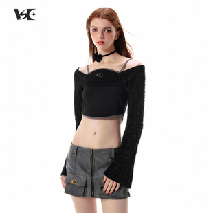 Vone SheeE美式复古辣妹喇叭袖坎肩上衣撞色刺绣logo短款吊带背心