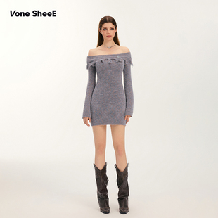 短裙 设计感气质仿貂毛一字肩连衣裙女纯欲包臀裙修身 Vone SheeE